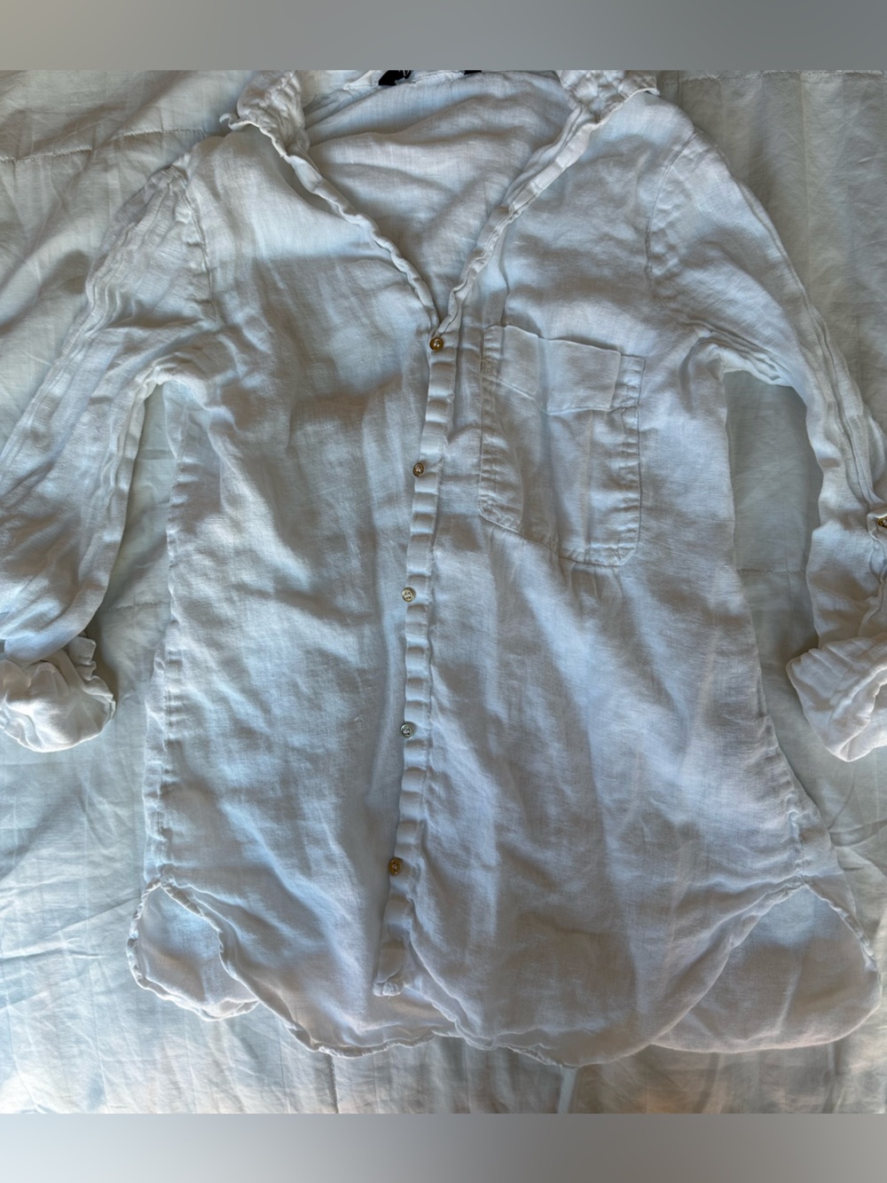 Zara White Linen Button-Down Shirt with Chest Pocket